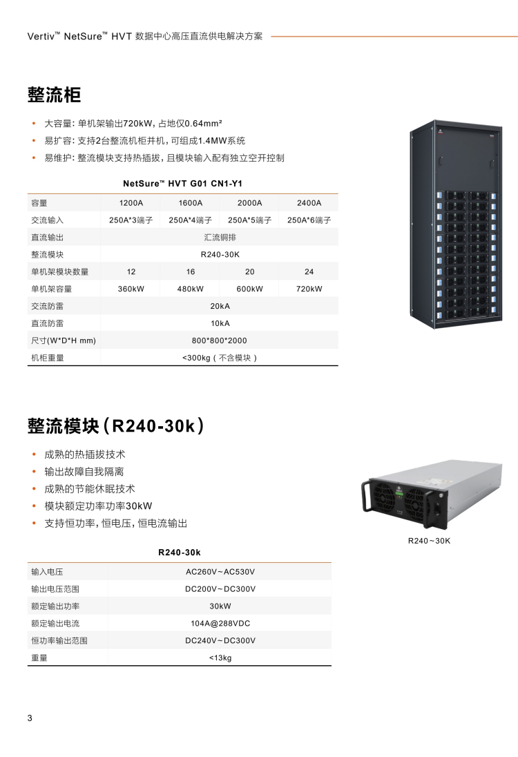 维谛netsureHVT高压直流电源系统大容量：单机架输出720kW，占地仅0.64mm² y 易扩容：支持2台整流机柜并机，可组成1.4MW系统 y 易维护：整流模块支持热插拔，且模块输入配有独立空开控制 NetSure™ HVT G01 CN1-Y1 容量 1200A 1600A 2000A 2400A 交流输入 250A*3端子 250A*4端子 250A*5端子 250A*6端子 直流输出 汇流铜排 整流模块 R240-30K 单机架模块数量 12 16 20 24 单机架容量 360kW 480kW 600kW 720kW 交流防雷 20kA 直流防雷 10kA 尺寸(W*D*H mm) 800*800*2000 机柜重量 <300kg ( 不含模块 ).png